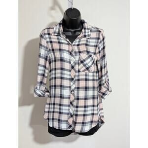 Kenneth Cole Reaction Pink & Navy Plaid Button Down Blouse Shirt Size Small